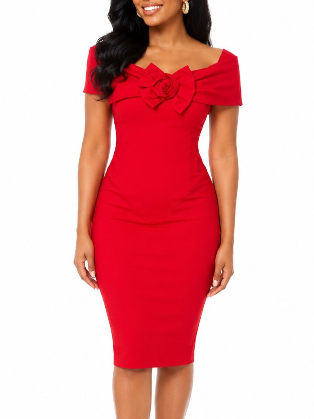 Bettie Page Pinup Red Wiggle Dress Tatyana Off Shoulder Bow Pencil Small